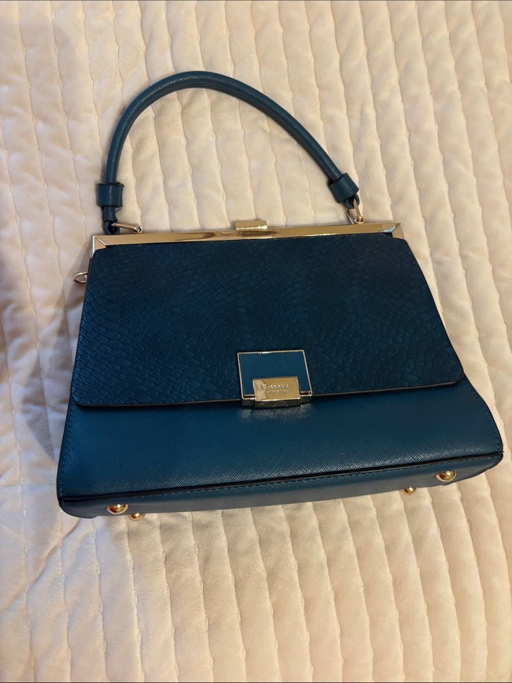 Faux Snakeskin Top-Handle Satchel in Teal by Dune